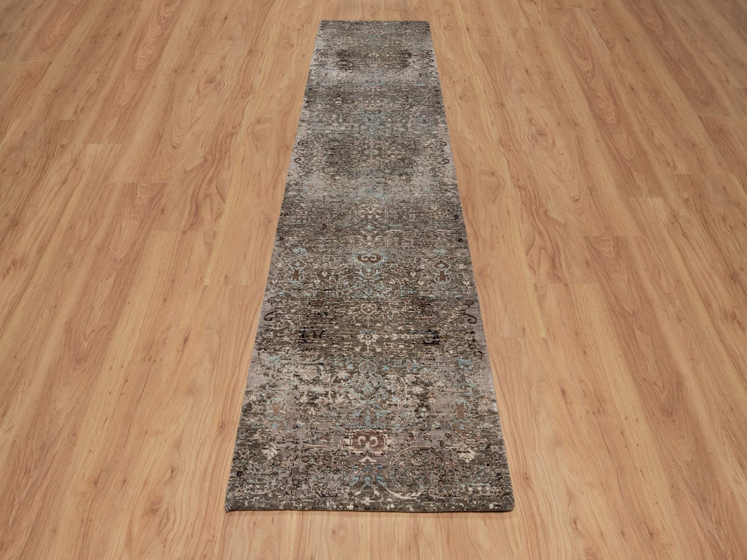 2'7" x 11'10" New Hand Knotted Brown Wool & Silk Runner Oriental Rug - MOA10292068