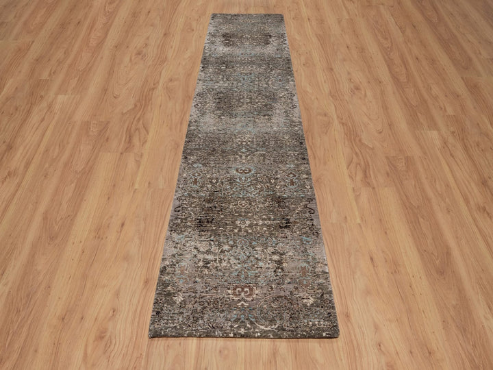 2'7" x 11'10" New Hand Knotted Brown Wool & Silk Runner Oriental Rug - MOA10292068