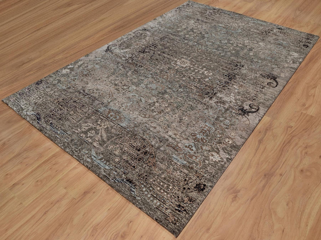 5'10" x 9'2" New Hand Knotted Brown Wool & Silk Rectangle Oriental Rug - MOA10292071