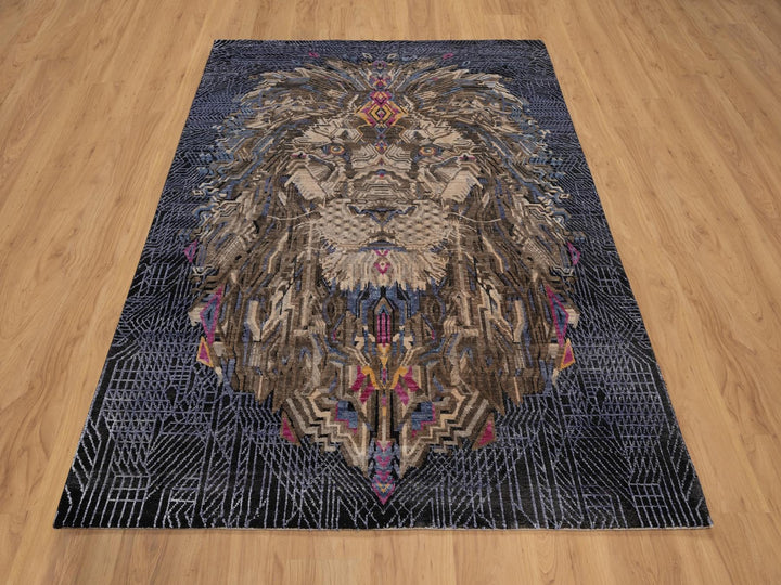 5'3" x 7'1" New Hand Knotted Black Wool & Silk Rectangle Oriental Rug - MOA10292073