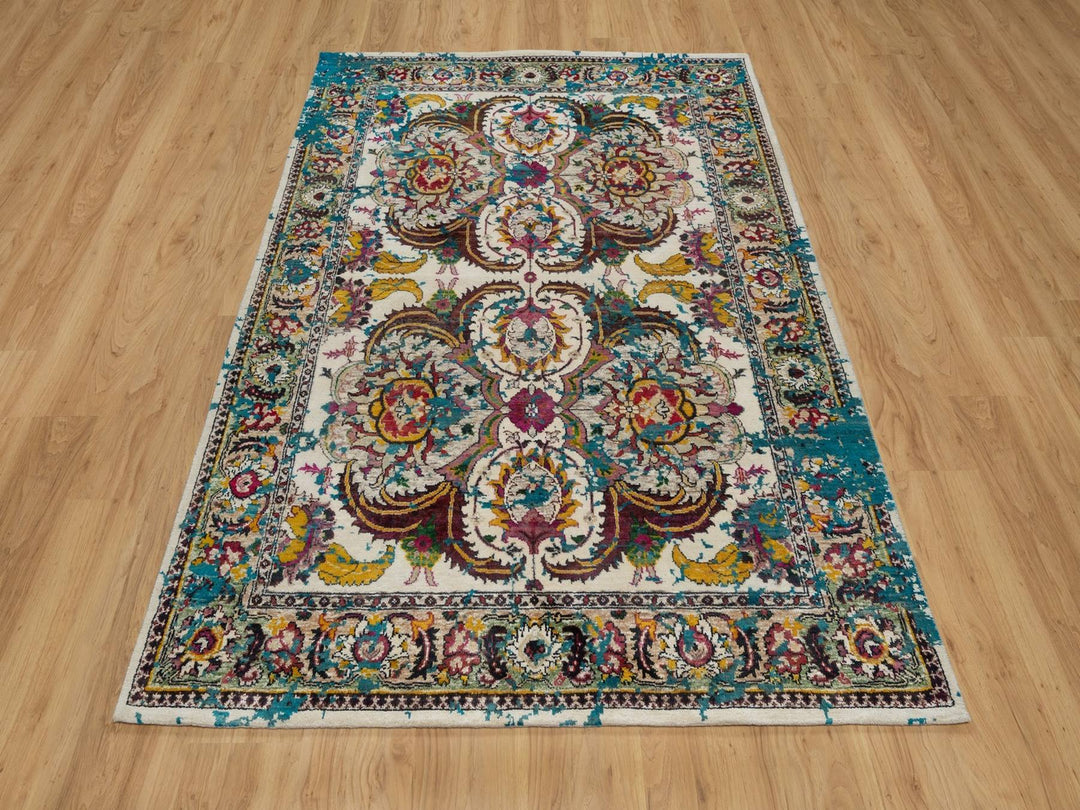 4'11" x 7'1" New Hand Knotted Ivory Wool & Silk Rectangle Oriental Rug - MOA10292074