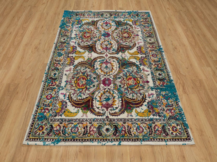 4'11" x 7'1" New Hand Knotted Ivory Wool & Silk Rectangle Oriental Rug - MOA10292074