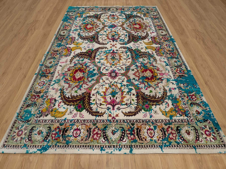 8'11" x 11'11" New Hand Knotted Ivory Wool & Silk Rectangle Oriental Rug - MOA10292075