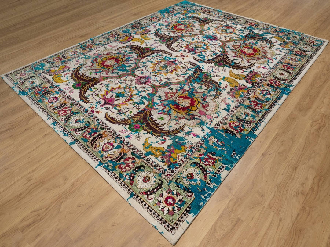 8'11" x 11'11" New Hand Knotted Ivory Wool & Silk Rectangle Oriental Rug - MOA10292075