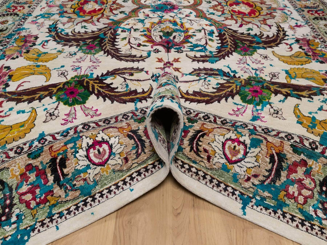 8'11" x 11'11" New Hand Knotted Ivory Wool & Silk Rectangle Oriental Rug - MOA10292075