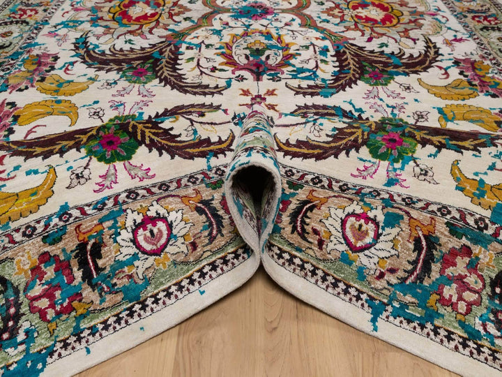 8'11" x 11'11" New Hand Knotted Ivory Wool & Silk Rectangle Oriental Rug - MOA10292075