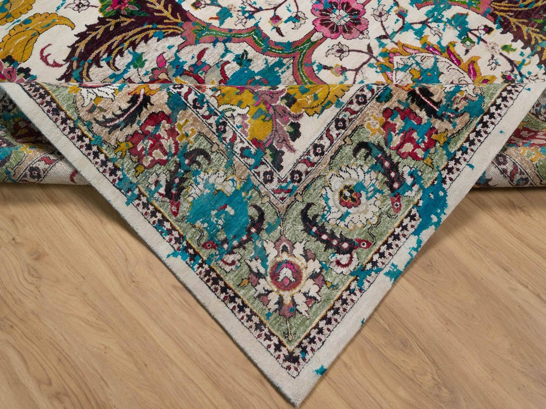 8'11" x 11'11" New Hand Knotted Ivory Wool & Silk Rectangle Oriental Rug - MOA10292075