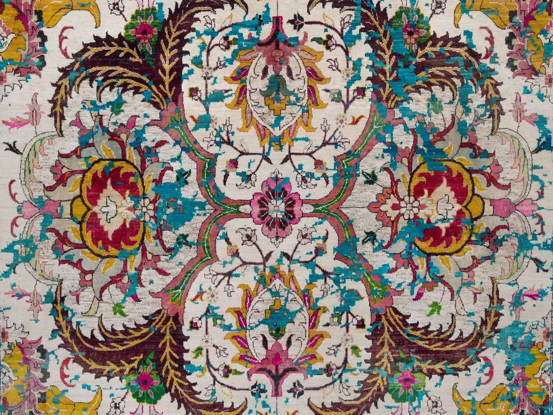 8'11" x 11'11" New Hand Knotted Ivory Wool & Silk Rectangle Oriental Rug - MOA10292075