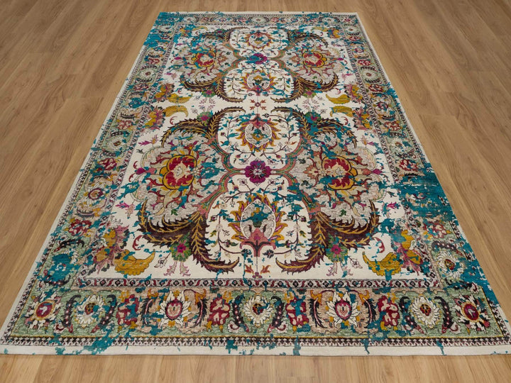 8'11" x 12'2" New Hand Knotted Ivory Wool & Silk Rectangle Oriental Rug - MOA10292076