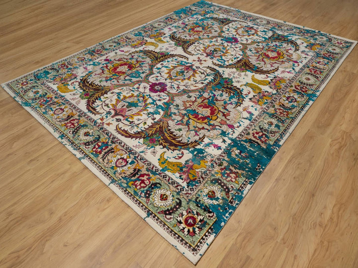 8'11" x 12'2" New Hand Knotted Ivory Wool & Silk Rectangle Oriental Rug - MOA10292076