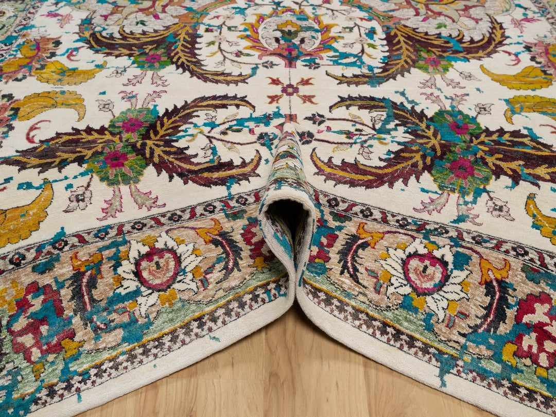 8'11" x 12'2" New Hand Knotted Ivory Wool & Silk Rectangle Oriental Rug - MOA10292076