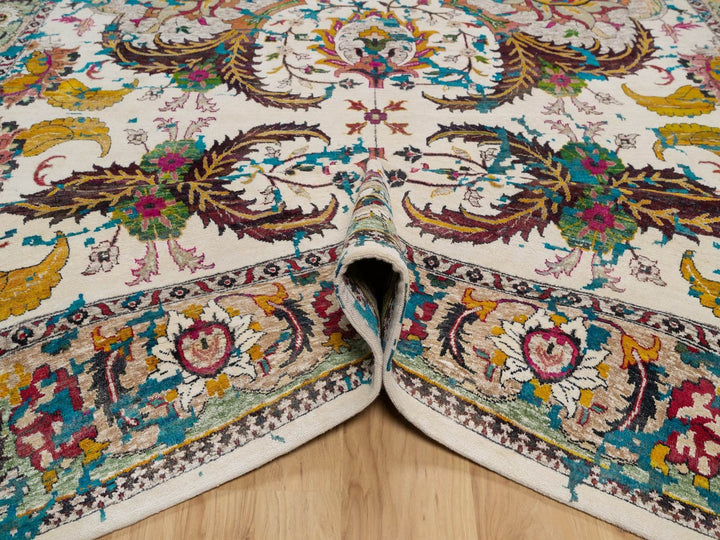 8'11" x 12'2" New Hand Knotted Ivory Wool & Silk Rectangle Oriental Rug - MOA10292076