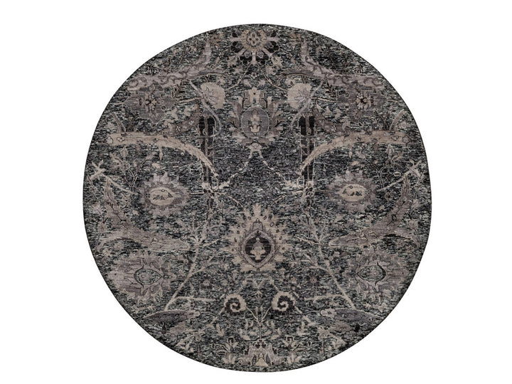 5'11" x 5'11" New Hand Knotted Black Wool & Silk Round Oriental Rug - MOA10292077
