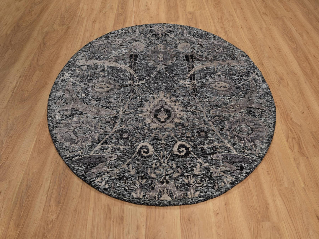 5'11" x 5'11" New Hand Knotted Black Wool & Silk Round Oriental Rug - MOA10292077