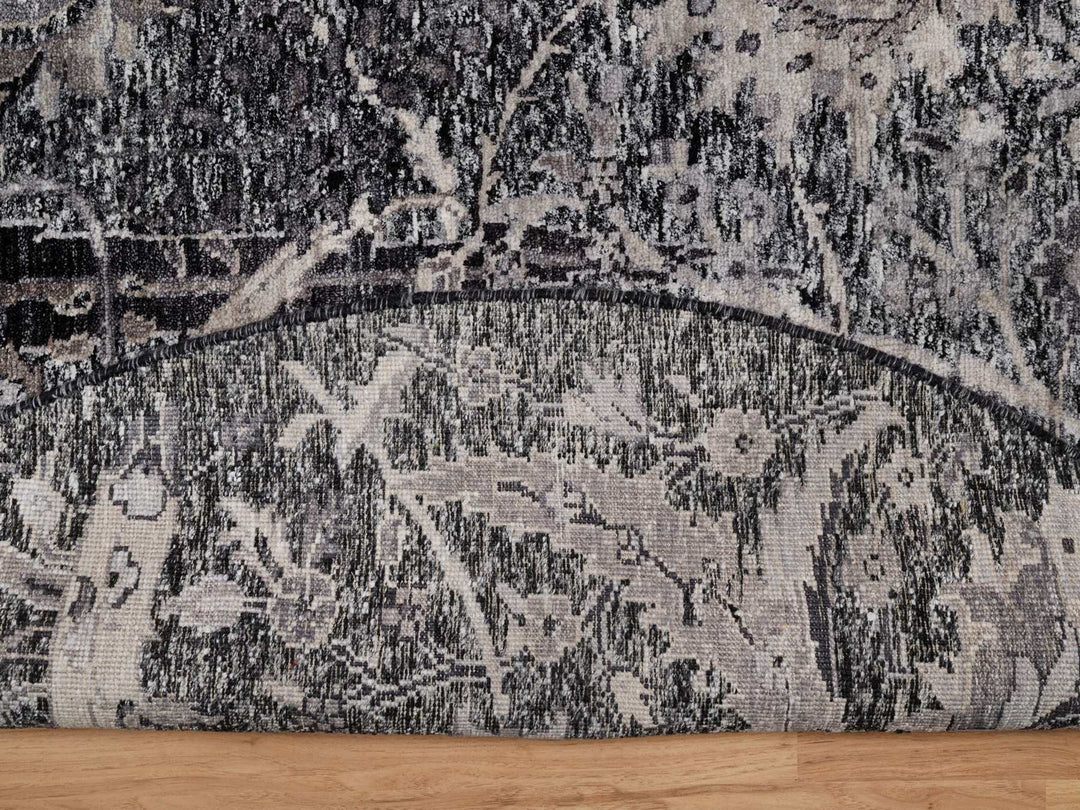 5'11" x 5'11" New Hand Knotted Black Wool & Silk Round Oriental Rug - MOA10292077