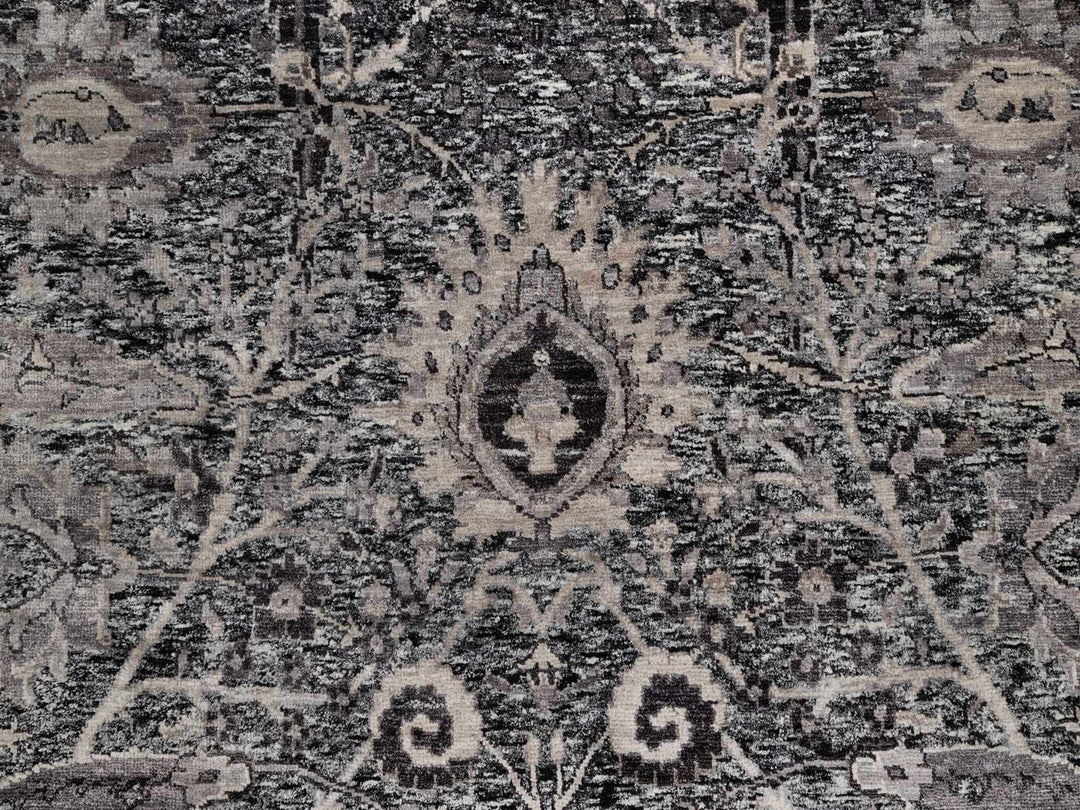 5'11" x 5'11" New Hand Knotted Black Wool & Silk Round Oriental Rug - MOA10292077