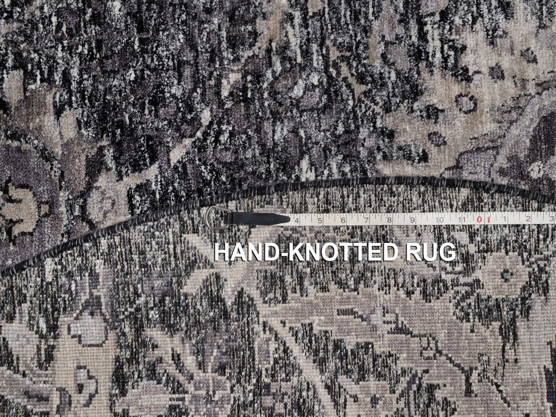 5'11" x 5'11" New Hand Knotted Black Wool & Silk Round Oriental Rug - MOA10292077