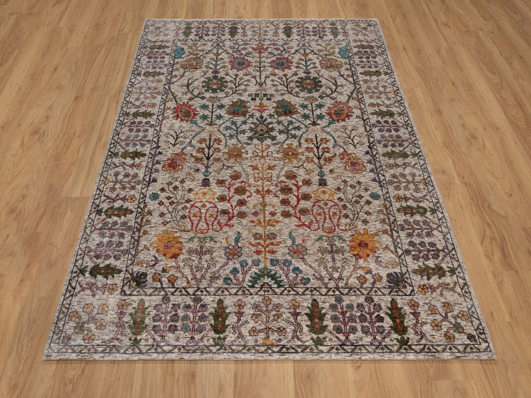 5'0" x 6'11" New Hand Knotted Ivory Wool & Silk Rectangle Oriental Rug - MOA10292078