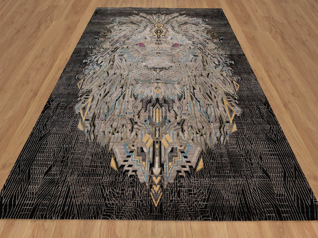 9'2" x 12'0" New Hand Knotted Black Wool & Silk Rectangle Oriental Rug - MOA10292080