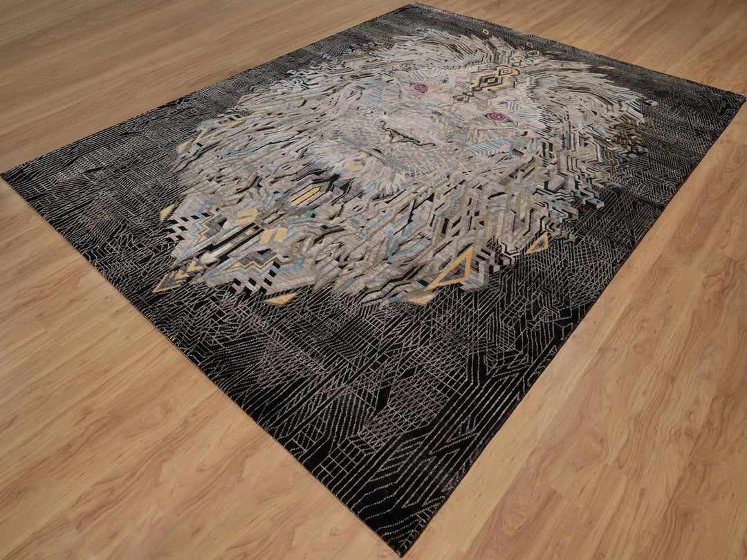 9'2" x 12'0" New Hand Knotted Black Wool & Silk Rectangle Oriental Rug - MOA10292080