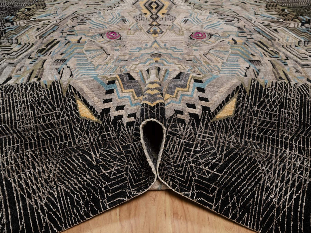 9'2" x 12'0" New Hand Knotted Black Wool & Silk Rectangle Oriental Rug - MOA10292080