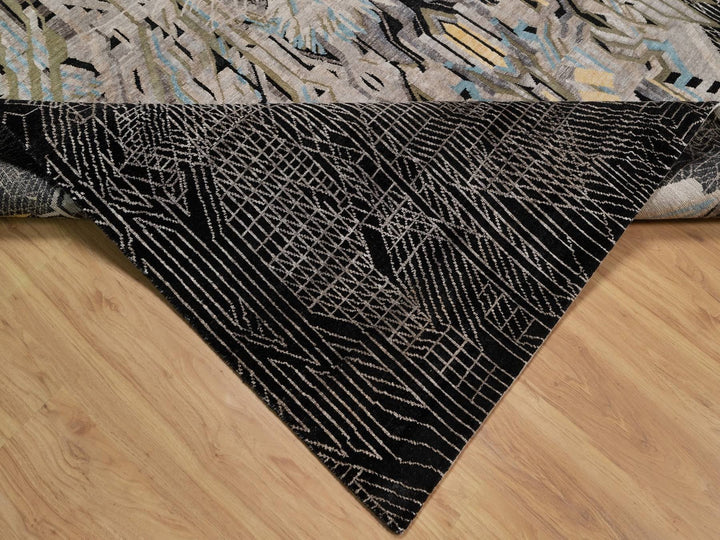 9'2" x 12'0" New Hand Knotted Black Wool & Silk Rectangle Oriental Rug - MOA10292080