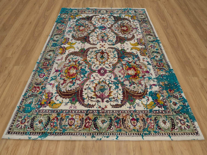 7'11" x 10'0" New Hand Knotted Ivory Wool & Silk Rectangle Oriental Rug - MOA10292081