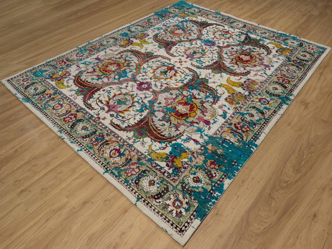 7'11" x 10'0" New Hand Knotted Ivory Wool & Silk Rectangle Oriental Rug - MOA10292081