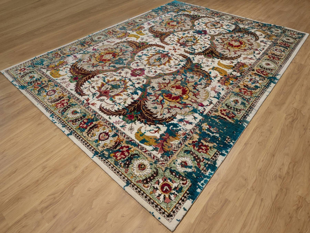 10'0" x 14'0" New Hand Knotted Ivory Wool & Silk Rectangle Oriental Rug - MOA10292083