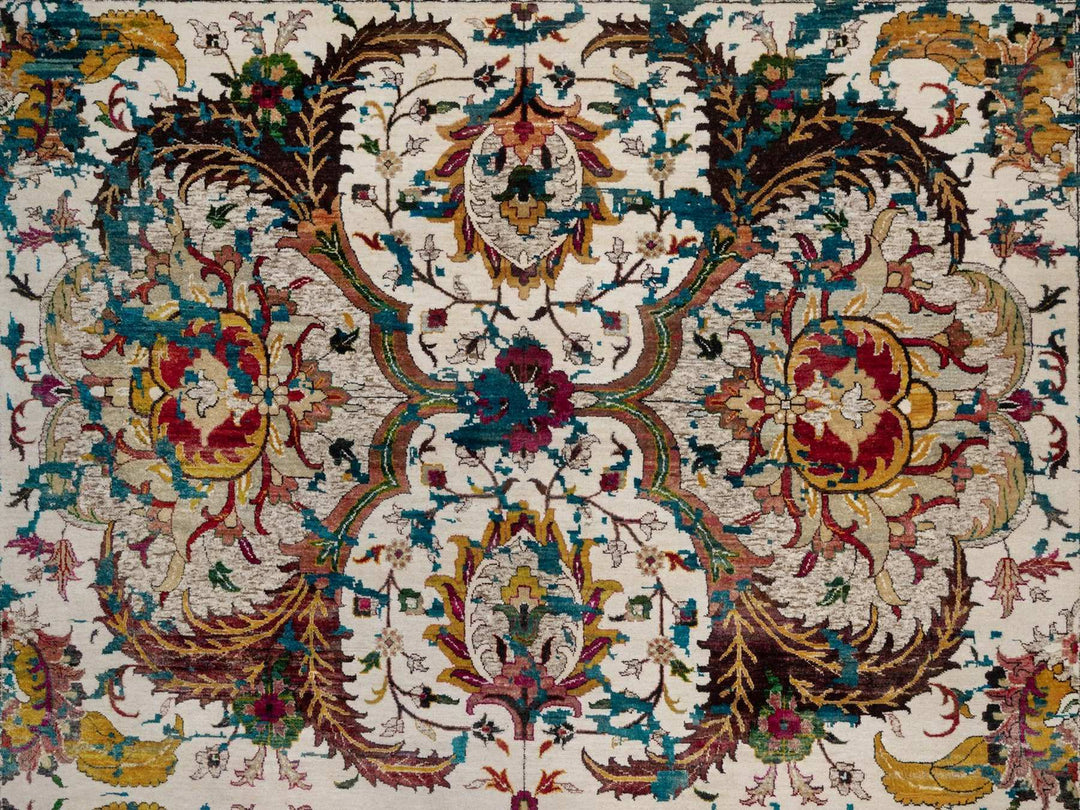 10'0" x 14'0" New Hand Knotted Ivory Wool & Silk Rectangle Oriental Rug - MOA10292083