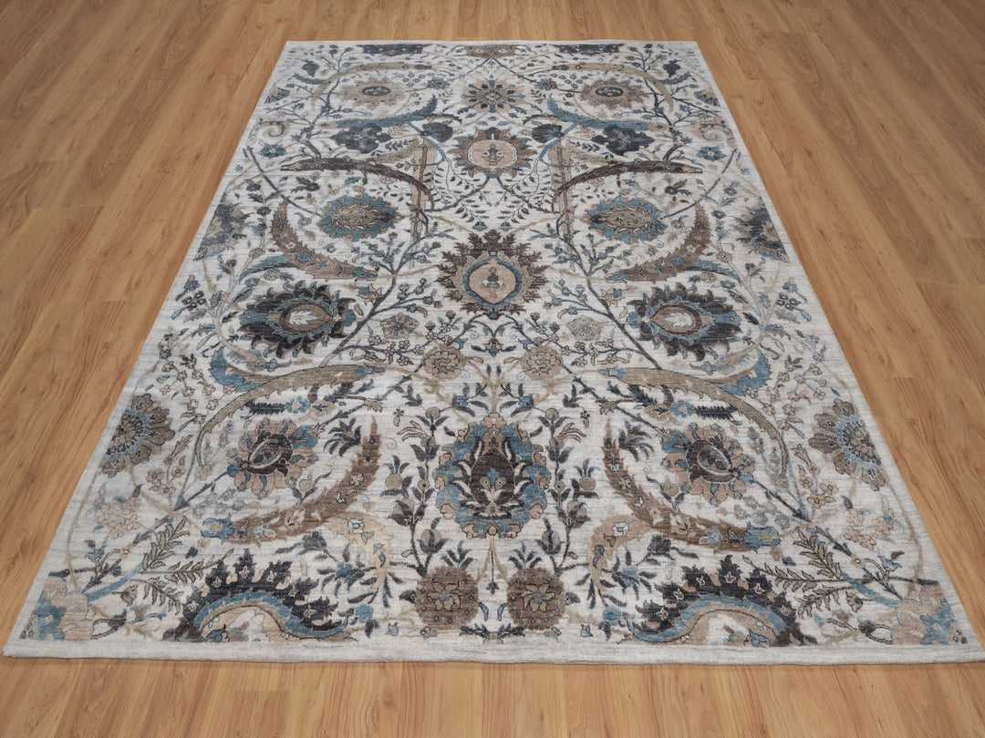 7'11" x 10'0" New Hand Knotted Grey Wool & Silk Rectangle Oriental Rug - MOA10292084