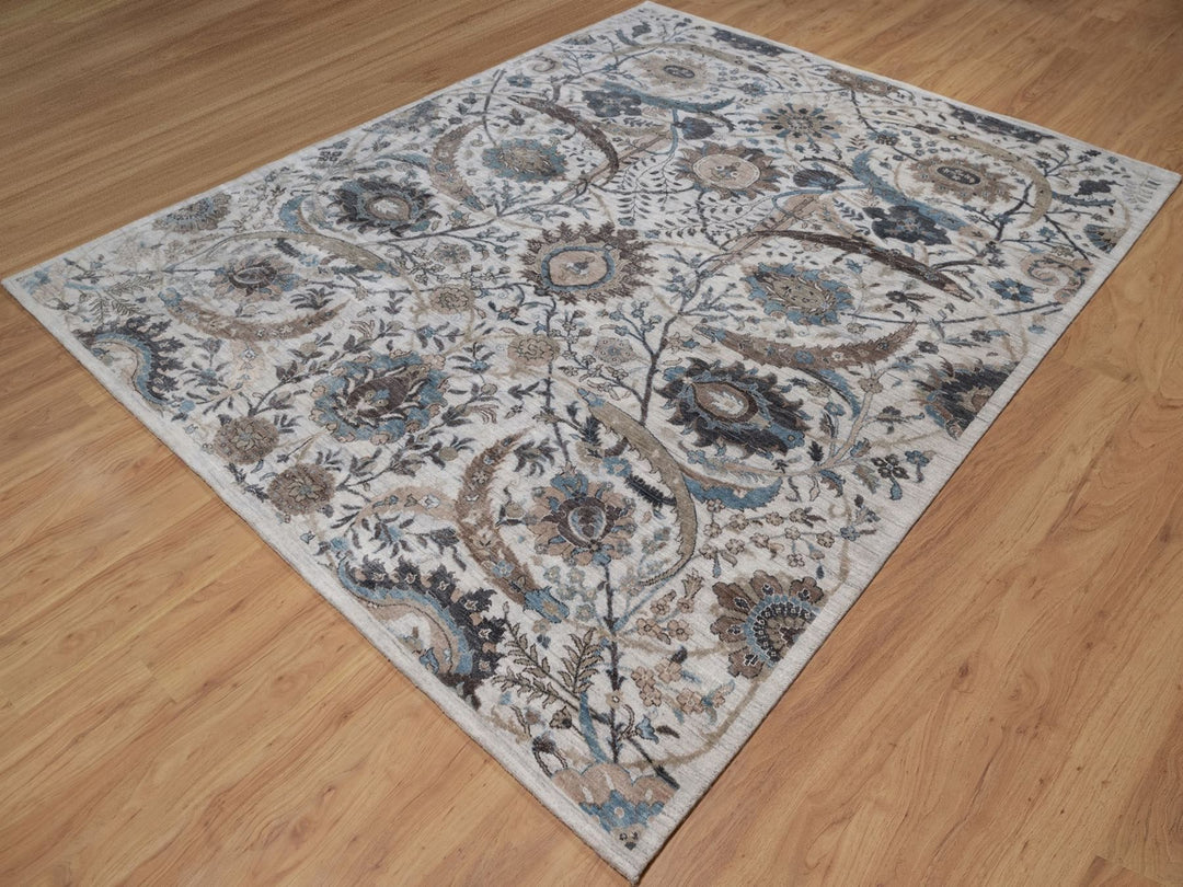 7'11" x 10'0" New Hand Knotted Grey Wool & Silk Rectangle Oriental Rug - MOA10292084