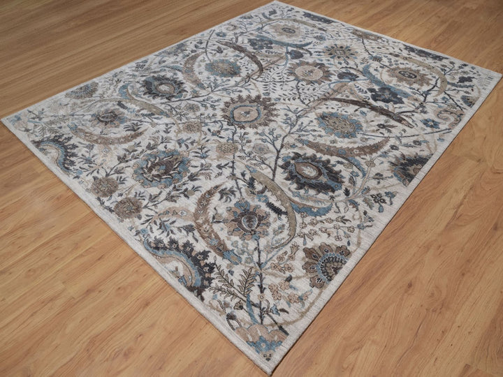 7'11" x 10'0" New Hand Knotted Grey Wool & Silk Rectangle Oriental Rug - MOA10292084