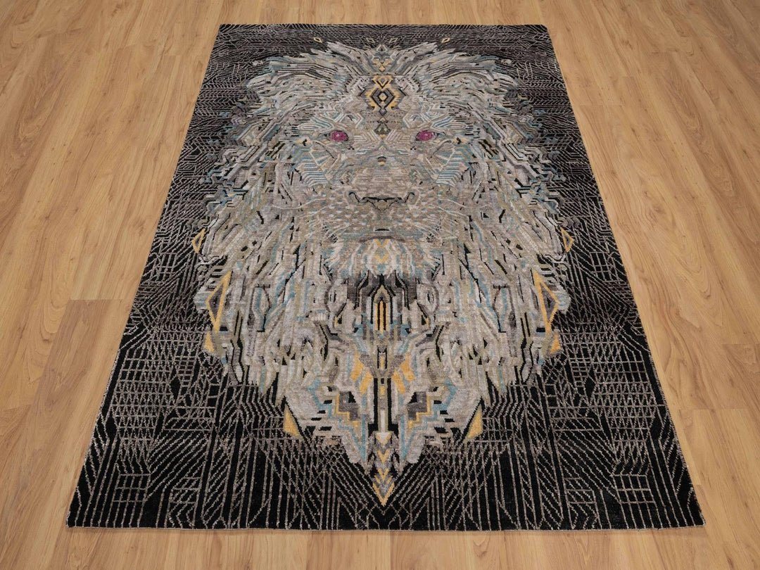 5'1" x 7'1" New Hand Knotted Black Wool & Silk Rectangle Oriental Rug - MOA10292086