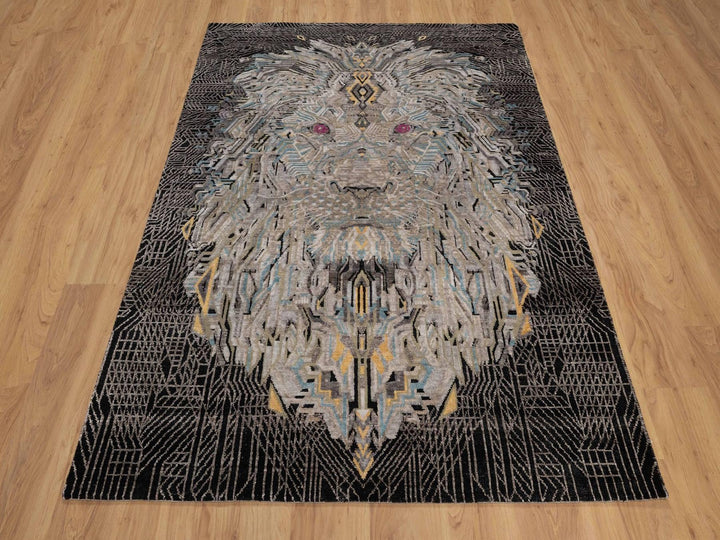 5'1" x 7'1" New Hand Knotted Black Wool & Silk Rectangle Oriental Rug - MOA10292086