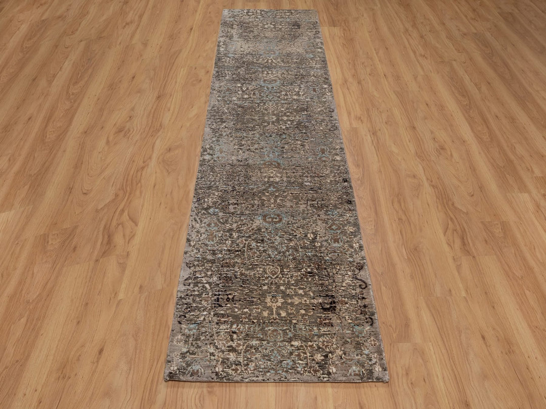 2'7" x 9'11" New Hand Knotted Brown Wool & Silk Runner Oriental Rug - MOA10292088