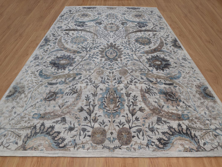 12'1" x 15'2" New Hand Knotted Grey Wool & Silk Rectangle Oriental Rug - MOA10292089