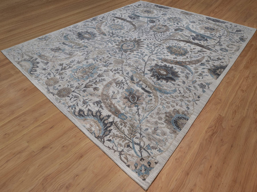 12'1" x 15'2" New Hand Knotted Grey Wool & Silk Rectangle Oriental Rug - MOA10292089