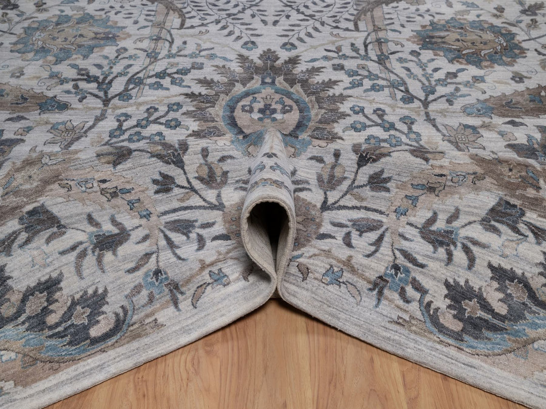 12'1" x 15'2" New Hand Knotted Grey Wool & Silk Rectangle Oriental Rug - MOA10292089