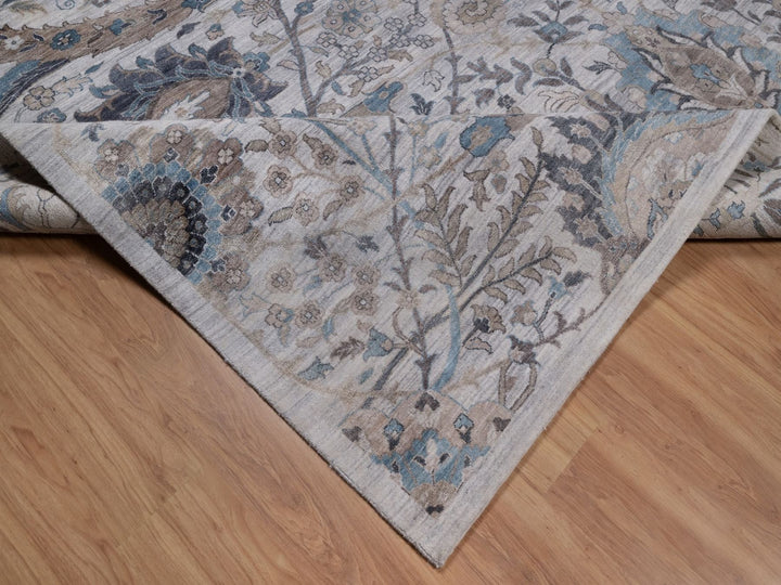 12'1" x 15'2" New Hand Knotted Grey Wool & Silk Rectangle Oriental Rug - MOA10292089