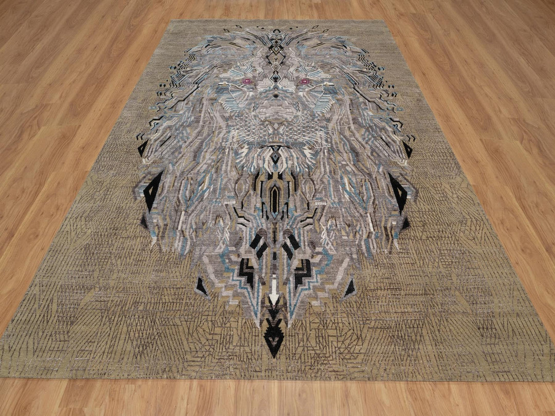 9'1" x 12'3" New Hand Knotted Brown Wool & Silk Rectangle Oriental Rug - MOA10292090