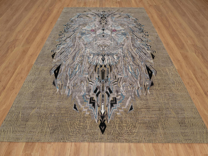 9'1" x 12'3" New Hand Knotted Brown Wool & Silk Rectangle Oriental Rug - MOA10292090