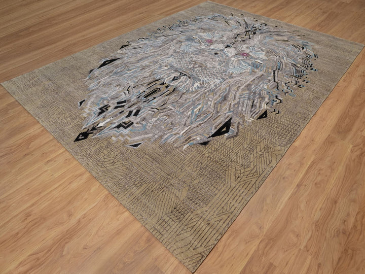 9'1" x 12'3" New Hand Knotted Brown Wool & Silk Rectangle Oriental Rug - MOA10292090