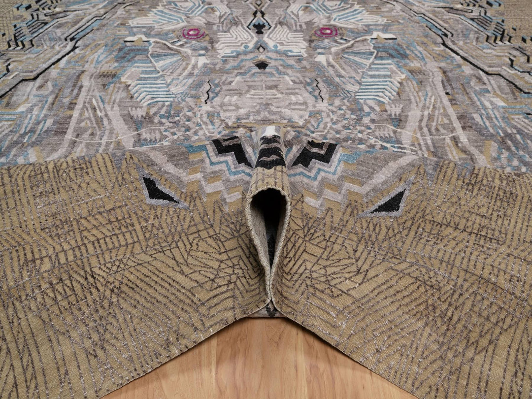 9'1" x 12'3" New Hand Knotted Brown Wool & Silk Rectangle Oriental Rug - MOA10292090