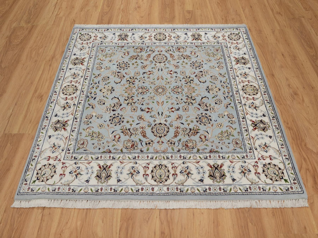 5'1" x 5'2" New Hand Knotted Blue Wool & Silk Square Oriental Rug - MOA10292091