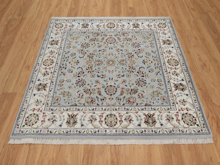 5'1" x 5'2" New Hand Knotted Blue Wool & Silk Square Oriental Rug - MOA10292091