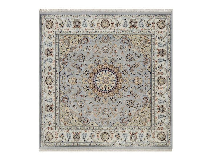 6'1" x 6'3" New Hand Knotted Blue Wool & Silk Square Oriental Rug - MOA10292093