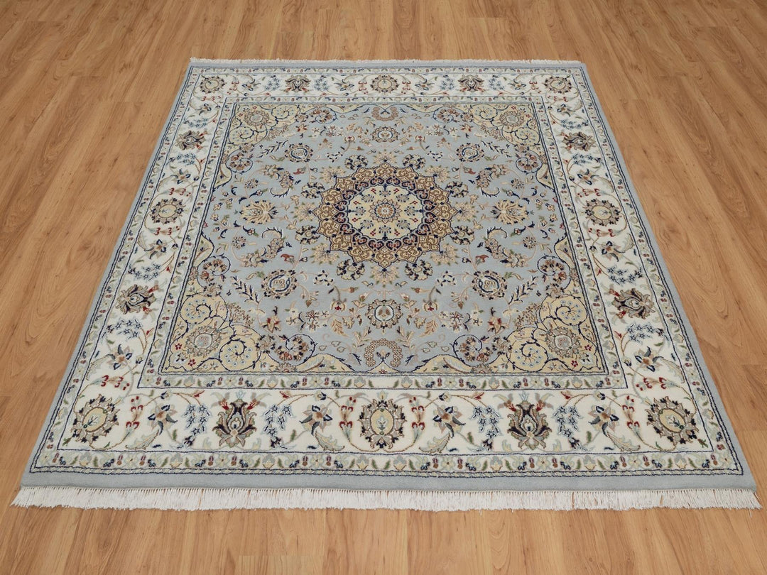 6'1" x 6'3" New Hand Knotted Blue Wool & Silk Square Oriental Rug - MOA10292093