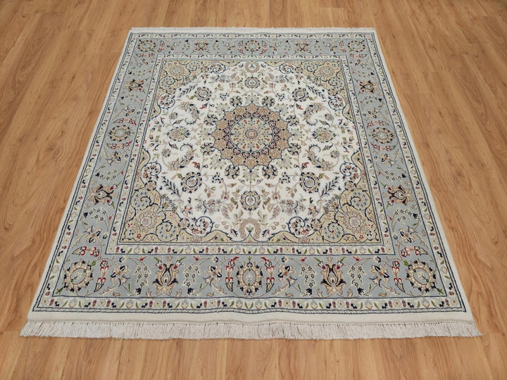 5'10" x 6'1" New Hand Knotted Ivory Wool & Silk Square Oriental Rug - MOA10292094