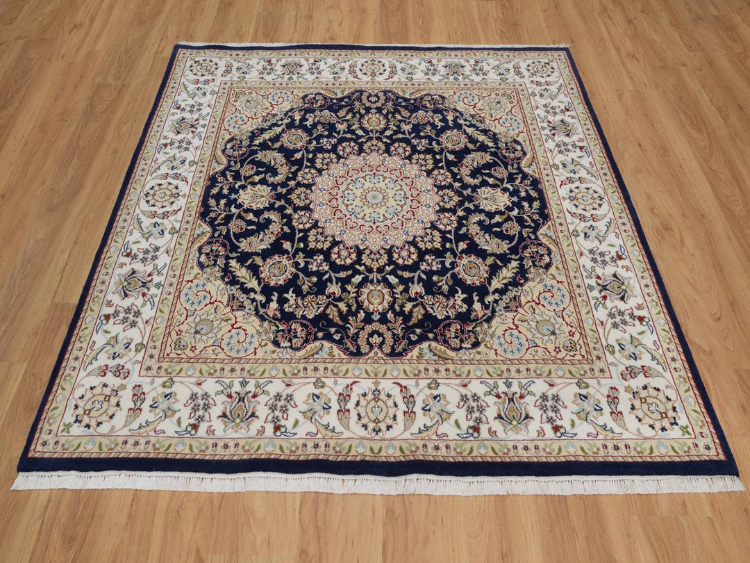 5'10" x 6'1" New Hand Knotted Blue Wool & Silk Square Oriental Rug - MOA10292097